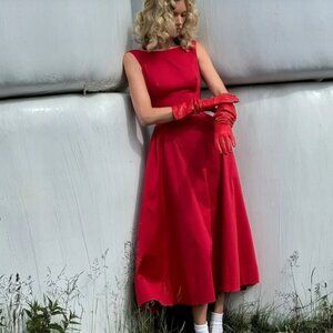 Helsa Stretch Cotton Sateen Red Midi Dres